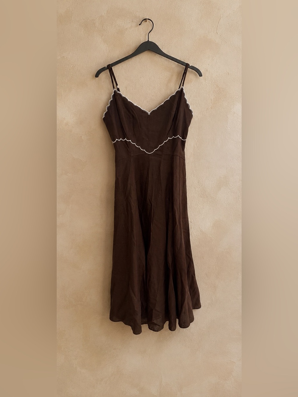 Caroline Constas Brown Scalloped Embroidered Linen Maxi Dress NWT S